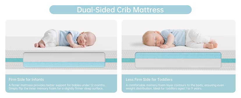 TeQsli Crib Mattress, Dual-Sided Memory Foam Toddler Mattress with Breathable Washable Cover, Standard Size Baby Mattresses for Crib: 52 x 27.6 x 6 Inch