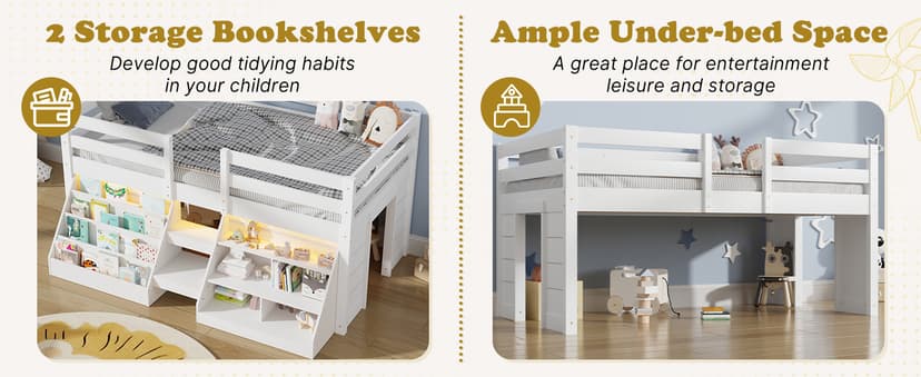 Twin Size Low Loft Bed with Stairs for Kids, Wooden Twin Loft Bed with LED Light & Safety Guardrail & Bookcase & Under-Bed Play Space, White