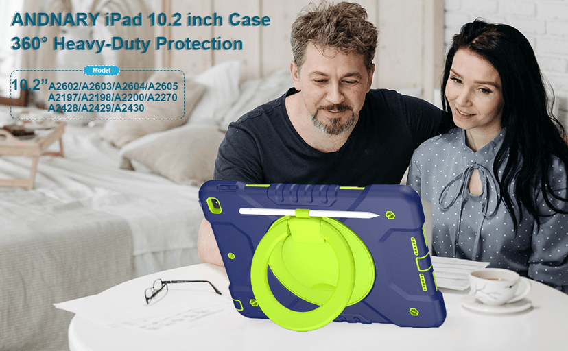 Case for iPad 9th/8th/7th Generation 10.2 inch, Heavy Duty Shockproof Cover with 360° Rotating Handle/Bracket/Pen Holder/Shoulder Strap, Kid Case for iPad 2021/2020/2019, Navy+Green