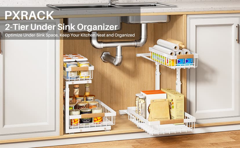 PXRACK 2 Pack Under Sink Organizer,Adjustable Height,2 Tier Pull Out Under Cabinet Organizer,Slide Out Thickened Metal Under Sink Storage for Kitchen Bathroom Laundry Cabinet Pantry,White