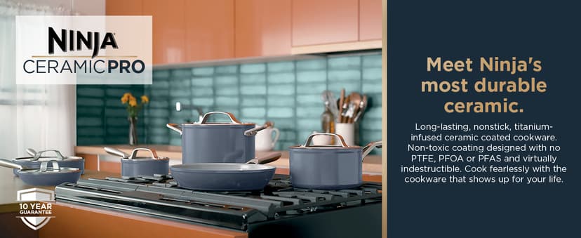 Ninja Ceramic Pro 10-Piece Cookware Set, Non-Stick Pots & Pans Set with Glass Lids, PTFE Free, Ceramic Coated, Stove to Oven Safe, All Stovetops & Induction Compatible, Midnight Blue, CW39010MM