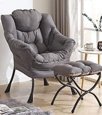 Welnow Lazy Chair with Ottoman, Modern Lounge Accent Chair with Armrests and a Side Pocket, Leisure Sofa Armchair, Reading Armchair with Footrest for Small Space, Plush Grey