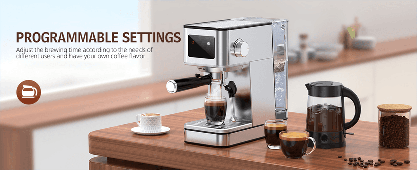 Espresso Machine with Milk Frother, 20 Bar Compact Espresso Maker with Touch Screen & 57.5oz Removable Water Tank for Home, Stainless Steel Coffee Machine for Cappuccino, Latte, Silver(updated)