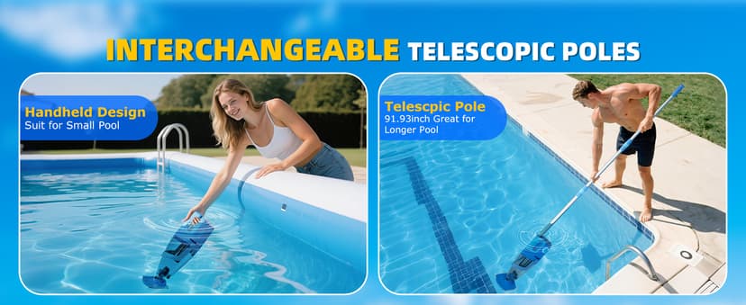 Cordless Pool Vacuum with Telescopic Pole, 26.5 gallons/min Powerful Suction, Handheld Rechargeable Swimming Pool Cleaner with 1H Running Time, Pool Vacuum for Above/In Ground Pools, Spas, Hot Tubs
