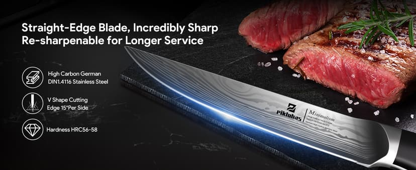 Steak Knives Set of 8 with Drawer Organizer Built-in Sharpener, 4.6 Inch Non Serrated Dinner Knife, Forged German Steel Damascus Pattern Straight Edge Meat Knife with Full Tang Handle, Black