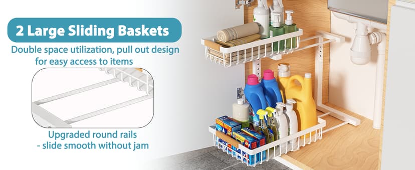 Under Sink Organizer 2 pack, 2 Tier Slide Out Under Sink Organizers And Storage, Height Adjustable Pull Out Cabinet Drawers, Kithcen Bathroom Metal Storage Caddy Shelf, White