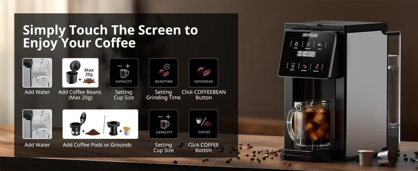 AIRMSEN Grind & Brew Coffee Maker with Grinder - Single Serve Machine Compatible with K-Cup Pods & Ground, 1000W Fast 6-14oz Brewer, Descaling Alert, Touchscreen & 50oz Removable Tank