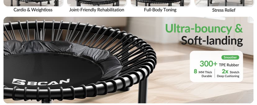 BCAN 40"/48" Mini Rebounder Trampoline for Adults with Bar, 450/550LBS Fitness Trampoline with Bungees, Adjustable Handle, Stable & Quiet, Indoor Outdoor, Whole-Body Workout & Relaxation at Home