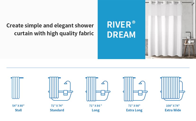 River Dream White Fabric Shower Curtain Set, Cotton Blend, Waffle Weave, with Snap in Replacement Liner,71 x 74 inches