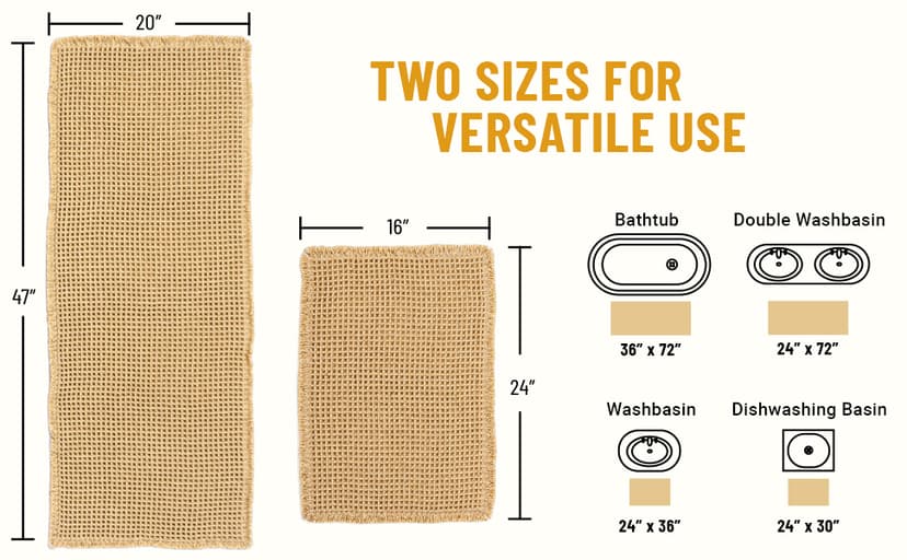 Large Waffle Bath Mat Set, Non Slip Bathroom Mat Set, Ultra Absorbent Bath Mats for Bathroom Decor, Extra Soft Floor Bathroom Rugs Sets 2 Piece, Washable Bath Rugs (20"×47" and 16"×24")