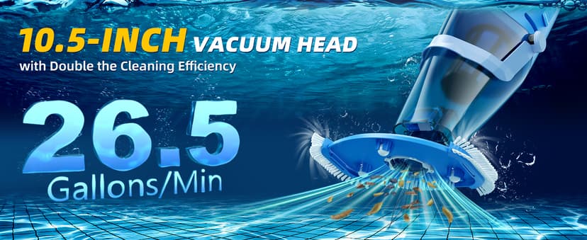 Cordless Pool Vacuum with Telescopic Pole, 26.5 gallons/min Powerful Suction, Handheld Rechargeable Swimming Pool Cleaner with 1H Running Time, Pool Vacuum for Above/In Ground Pools, Spas, Hot Tubs