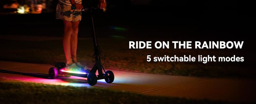 4-Wheel Electric Scooter for Kids w/250W Brushless Motor, Up to 10 MPH & 8.5 Miles, Rainbow Lights, LED Display, 5 Speed & Adjustable Balance, Foldable Kids Electric Scooter, UL 2272 Certified