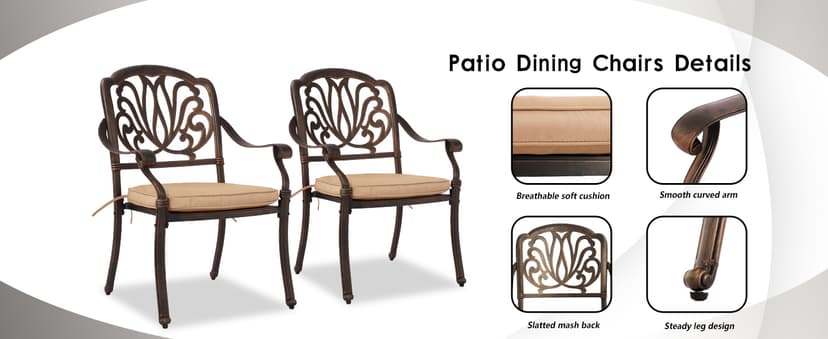 Grepatio 9 Piece Cast Aluminum Patio Furniture Set Outdoor Dining Set Bistro Furniture Set with 6 Chairs 2 Swivel and Dining Table, 8 Cushions for Backyard Garden (Khaki)