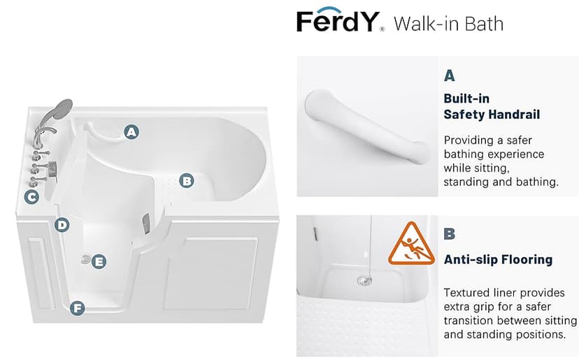 FerdY Floridian 52" Walk-in Bathtub with Left-Side Door Opening and Quick Fill and Drain System, Rectangular Soaking Bathtub in White