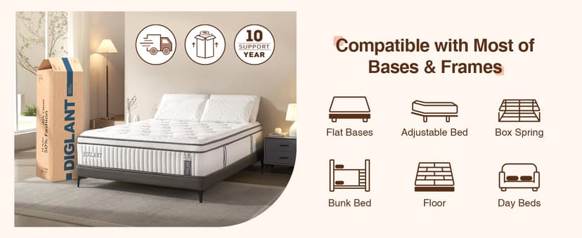 DIGLANT California King Mattress, 14Inch Cooling Gel Memory Foam Hybrid Mattress with Pocket Springs, Medium Plush Feel, White