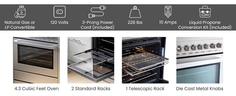 RRG361TS 36" Gas Range, 5 Sealed Burners, 4.3 cu. Ft. Capacity, Freestanding Slide-in Convection Oven, Easy Reach Racks, Clock and Timer, Stainless Steel