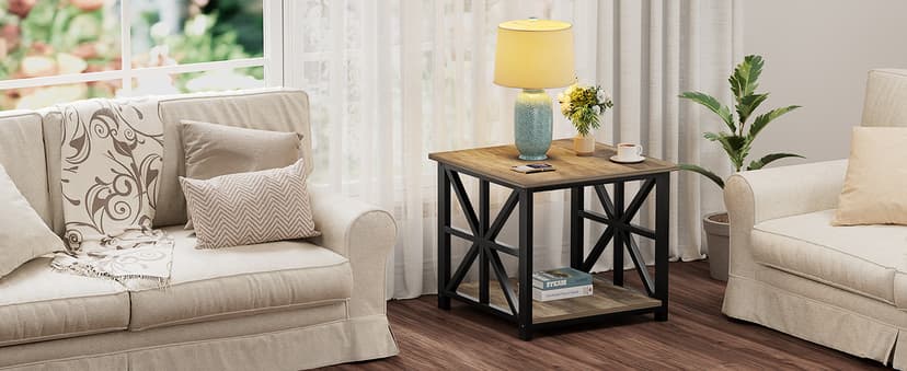 GreenForest End Table with 2-Tier Storage Shelf, 24 inch Large Side Table for Living Room,Modern Nightstand for Bedroom Bedside Office Farmhouse, Grey Wash