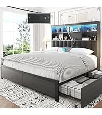 Lifezone Queen Bed Frame with 2-Tier Storage Headboard, Metal Platform Bed Frame with 4 Storage Drawers, Built in Charging Station & LED, Noise-Free/Metal Support/No Box Spring Needed, Vintage Brown