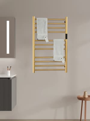 Electric Towel Warmers Radiator with Built-in Timer Gold, 140W Wall-Mounted & Freestanding Heated Towel Drying Rack with 11 Bars, 304 Stainless Steel Heated Towel Rail for Bathroom, Plug-in