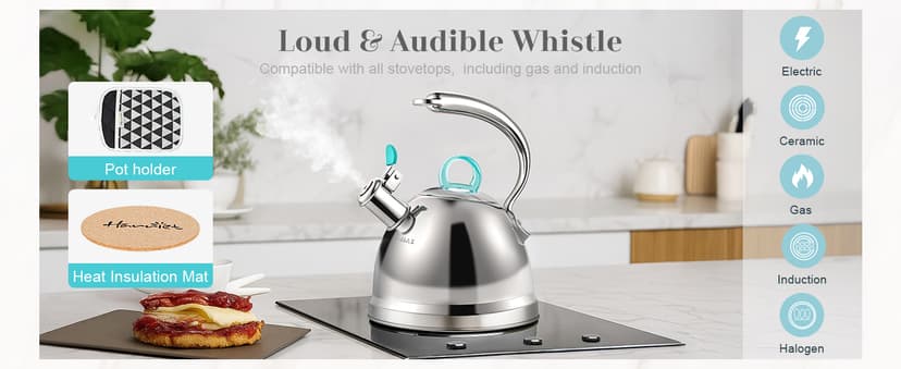 Harriet Tea Kettle Stovetop, 2.5 Quart Whistling Stainless Steel Tea Pot, 3-Layer Base, Unique Ergonomic Handle, Includes Pot Holder & Mat, Electric/Induction/Gas Stovetops Applicable, Mirror Finish
