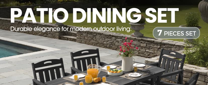 HDPE Outdoor Dining Set, 7 Piece Patio Table and Chairs Set with 2" Umbrella Hole, All Weather Patio Furniture for 6 Person in Garden, Backyard, Deck | Matte Black