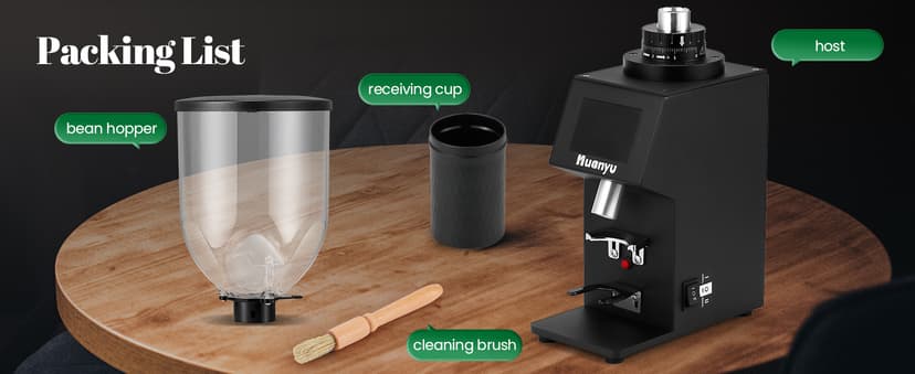 Huanyu Commercial Coffee Grinder with 64mm Flat Burr Anti-Flying Grounds Outlet 26oz Lotus Hopper 8 Stepless Settings Electric Coffee Grinders with Smart Touchscreen for Cafés Restaurants