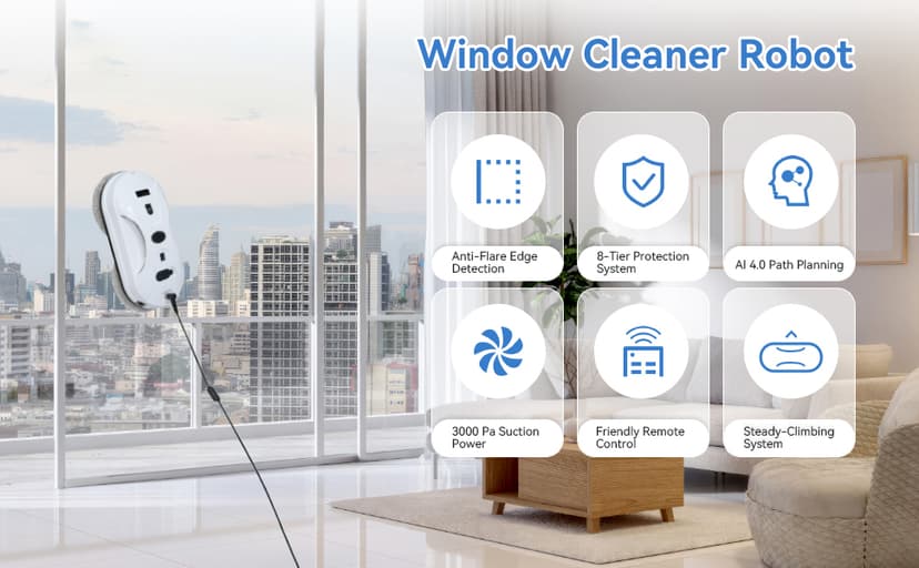 Automatic Window Cleaning Robot, Window Cleaner Robot Auto Dual Spray, 2025 Model Robot Limpia Vidrios AI Path Planning, 3000Pa Suction, Remote Control, Edge Detection for Streak-Free Glass
