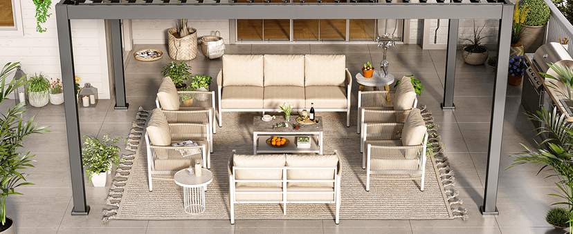 Aluminum Outdoor Patio Furniture Set, HDPE Rope 5 Piece Modern Sectional Conversation Sets with Dual-Layer Coffee Table, All Weather Patio Couch Sofa with Thick Cushions, Gray Frame, Gray