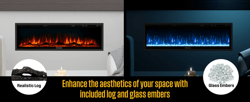 Westinghouse 60 Inch Electric Fireplace Heater, Compatible with Alexa & Google Home, Wall Mount or in-Wall Recessed Fireplace Insert, 24 Hour Timer, Color Changing Flames, 750W/1500W Indoor Heater