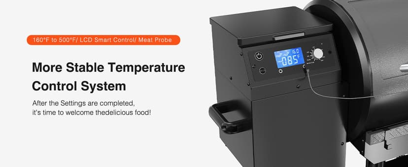 LCD Control Wood Pellet Smoker Grill, 456 SQ. IN Cook Area, Pellet Grill with Auto Feed & Leaking Waste, 500°F Max Temperature, 8 in 1 BBQ Grill with Meat Probe, Side Table with Hooks(Black)