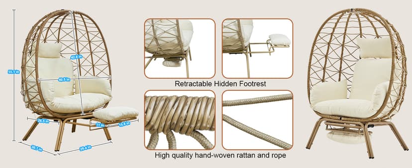 Wicker Egg Chair with Footrest & Cushions - Oversized 450lb Capacity Boho Wicker Egg Chair with Ottoman for Indoor/Outdoor - Beige Rattan Lounge Seat for Patio, Balcony, Garden, Home