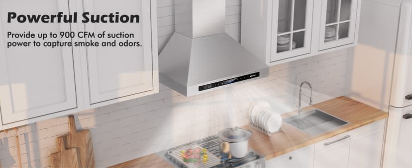 Wall Mount Range Hood 30 inch,900 CFM Kitchen Hood with Voice/Gesture/Touch Control,Vent Hood in Stainless Steel With Ducted/Ductless Convertible, 4 Speed Exhaust Fan