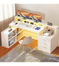 DWVO Farmhouse Office Desk with Drawer & Power Outlets, Wood Computer Desk w/LED Strip & Monitor Stand for Bedchamber Study, Home Office Table with Storage Cabinet for Working Writing Gaming (White)