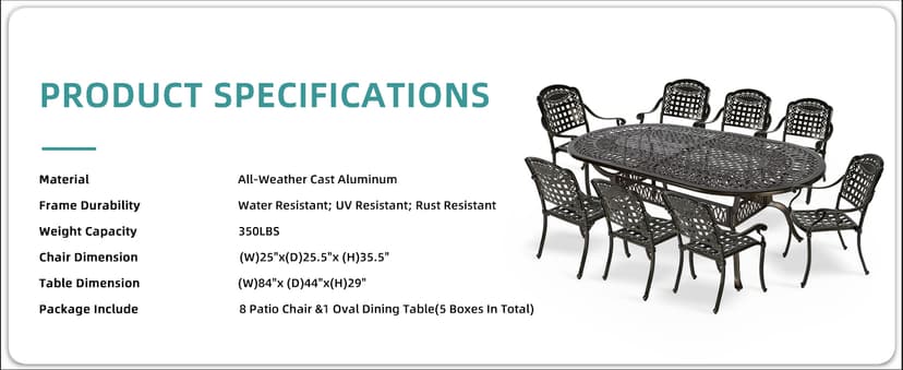MEETWARM 9-Piece Outdoor Furniture Dining Set, All Weather Cast Aluminum Patio Garden Set with 8 Chairs,1 Oval Table, 2" Umbrella Hole, Dark Bronze