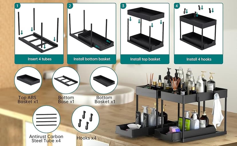2 Pack Under Sink Organizer, 2 Tier Bathroom Cabinet Organizer with Sliding Basket, Multi-Purpose Under Sink Organizers and Storage for Bathroom Kitchen