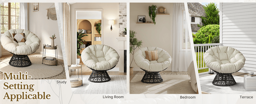 Yaheetech Indoor Papasan Chairs with Thick Tufted Cushions and Frame, Swivel Wicker Ergonomic Lounge Reading Chairs for Living Room/Bedroom, Beige