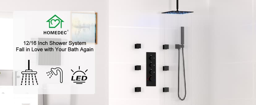 HOMEDEC 12inch Rain Shower System with Full Body Jets Sprays, Ceiling LED Brass Shower Faucet Set with 3 Functions Thermostatic Valve, Can Use All Function At Once