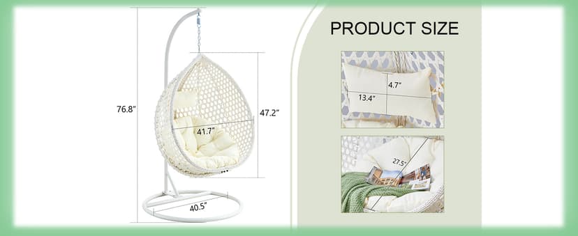 Egg Swing Chair Outdoor with Stand, Hanging Egg Rattan Basket Chair with Cushion and Pillow, Swinging Egg Chair, Foldable Basket and Metal Stand for Porch, Patio, Bedroom, Balcony,yard (White)