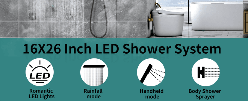 Matte Black Thermostatic Shower System Digital Display Full Body Shower System with 16 x 26 Inch Ceiling Rain LED Shower Head, Handheld Shower and 6 PCS Body Jets