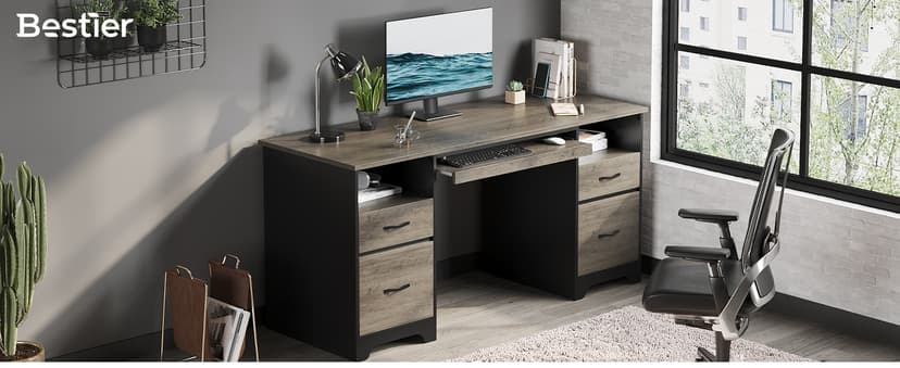 Bestier 59” Computer Desk with 4 Drawers, Office Desk with Storage, Industrial Executive Desk with File Drawer, Keyboard Tray & 2 Pedestals on Both Sides for Home Office & Studio, Grey