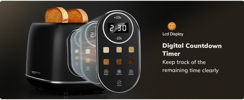 Keenstone Smart Touch Screen Toaster 2 Slice, Retro Wide Slot Stainless Steel Toaster with 6 Browning Levels, Reheat & Defrost, for Bagel, Toast, Bread, Removable Crumb Tray, Black