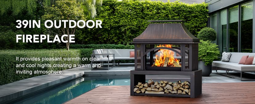 39" Fire Pits with Wood Storage for Outside, Large Wood Burning Outdoor Fireplace with Chimney, Mesh Spark Screen & Fire Poker, Idea for Backyard, Patio, Party, Camping, Picnic