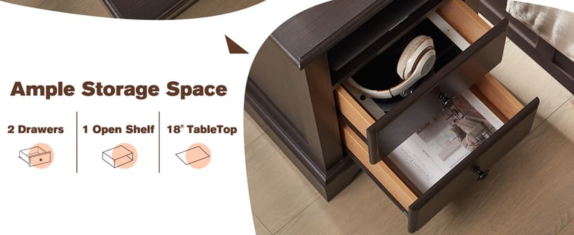 T4TREAM Nightstand with Charging Station, 18 Inch Vintage End Table with 2 Drawers for Living Room, Wood Rustic Sofa Side Table with Open Storage Shelf for Bedroom, Espresso