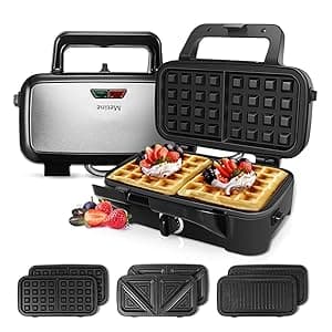 Waffle Makers, 3-in-1 Waffle Iron Panini Press Sandwich Maker with Removable Plates, 5-gears Temperature Control Non Stick Coating Cool Touch Handle Anti-skid Feet for Breakfast 1200W 120V