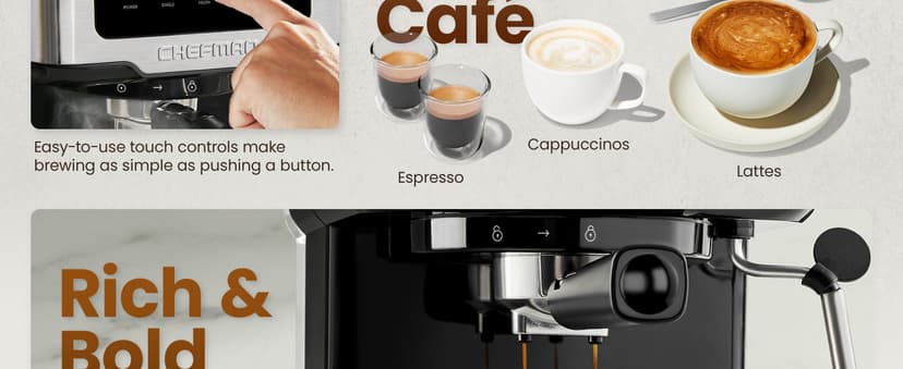 Chefman CraftBrew Espresso Machine, 15-Bar Pump Digital Espresso Maker w/Steam Wand for Latte & Cappuccino, Compact Espresso Coffee Machine w/ 1.5L Removable Water Reservoir - Stainless Steel