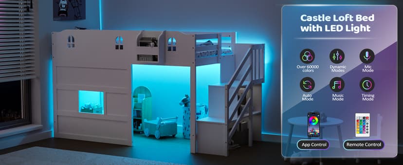 JOYMOR Low Loft Bed with Led Light, Loft Bed Twin Size with Castle Guardrail and Window, Staircase and Book Rack, Smart APP Control,No Box Spring Needed (White with Staircase)