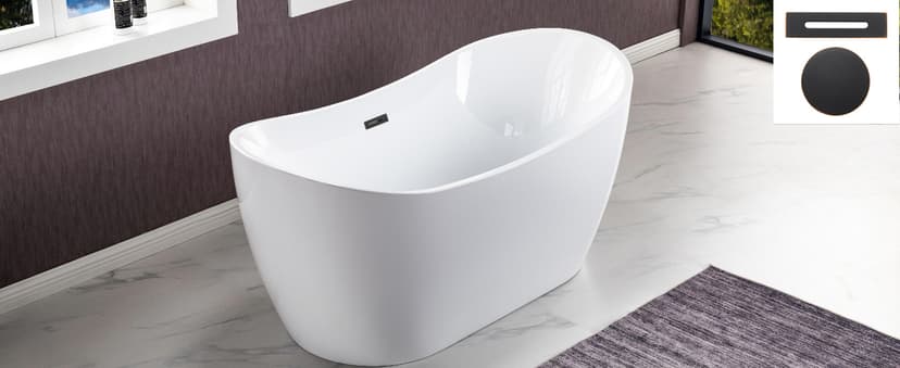 WOODBRIDGE 59" Acrylic Freestanding Bathtub Contemporary Soaking White Tub with Matte Black Overflow and Drain,B0016 -MB-Drain &O