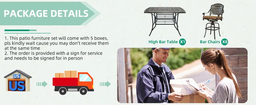 VIVIJASON 9-Piece High Patio Dining Set, Free-Rust Cast Aluminum Patio Bar Table and Chairs Set with 8 Swivel Bar Stools & 64" Bar Height Dining Table, Umbrella Hole for Backyard, Lawn, Garden