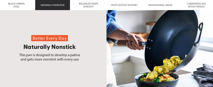 GreenPan Carbon Steel Wok 14”, Flat Bottom, Durable Stir-Fry Pan, Pre-Seasoned Nonstick Patina, High Heat Retention, Induction, Ash Wood Handle, Kyoto, Black