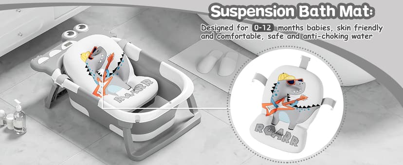 MoreFeel Collapsible Baby Bathtub for Newborn with Thermometer & 1 Hooded Towel & 1 Soft Floating Cushion,Portable Travel Bathtub with Drain Hole, Durable Foldable Baby Tubs for Infants to Toddler